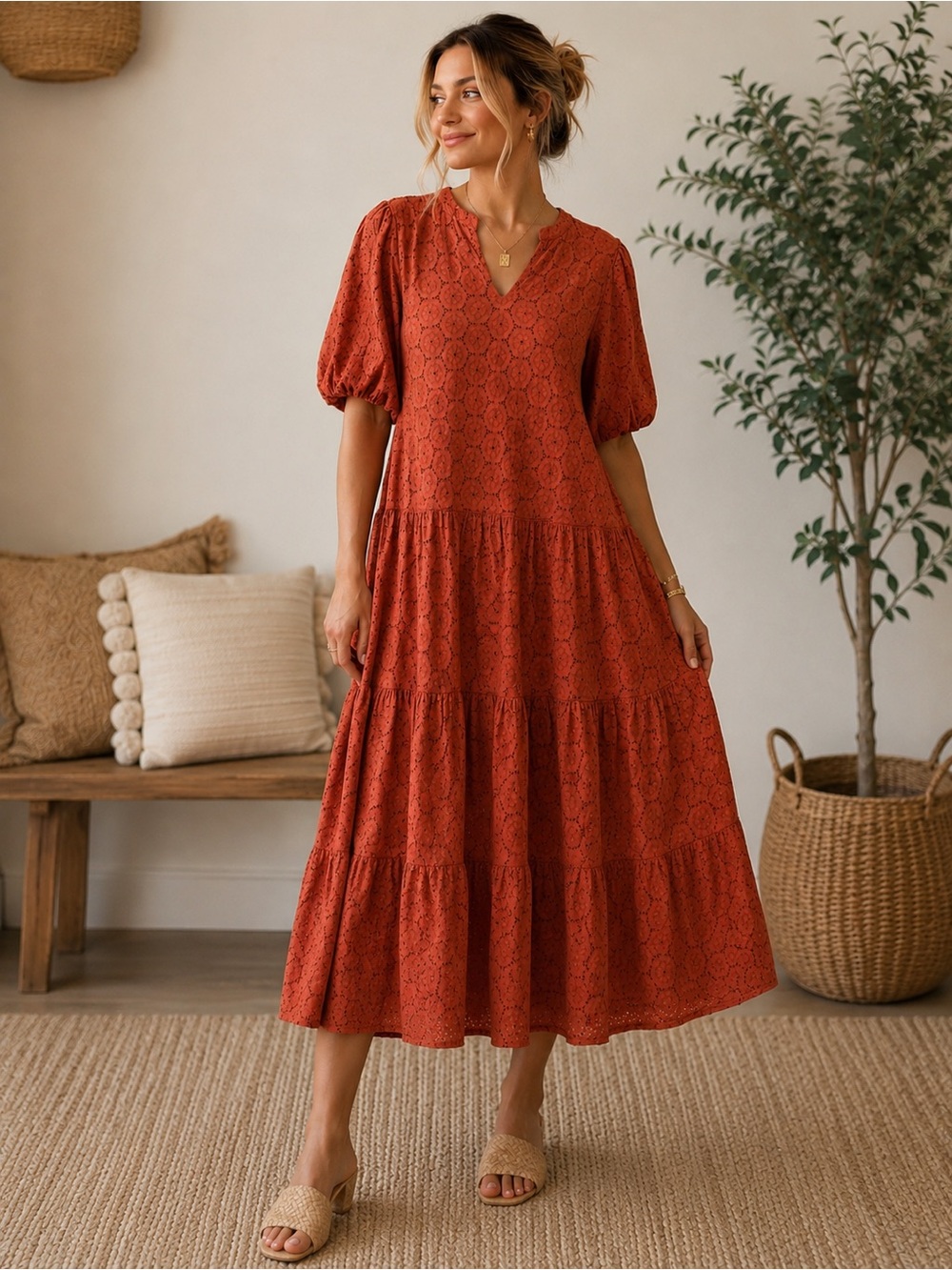 $198 Roller Rabbit 100% Cotton Dress in Terra Orange size L